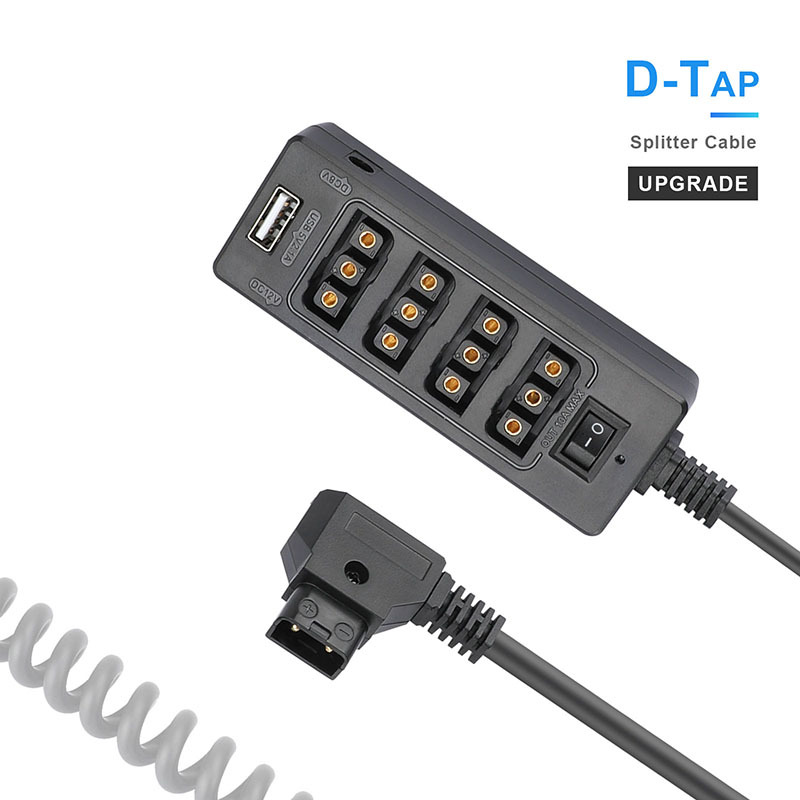 CAMVATE Multifunctional D-Tap Male To 4-Port D-Tap Female Coiled Splitter Cable With Switch Button / USB Port For V Mount Battery