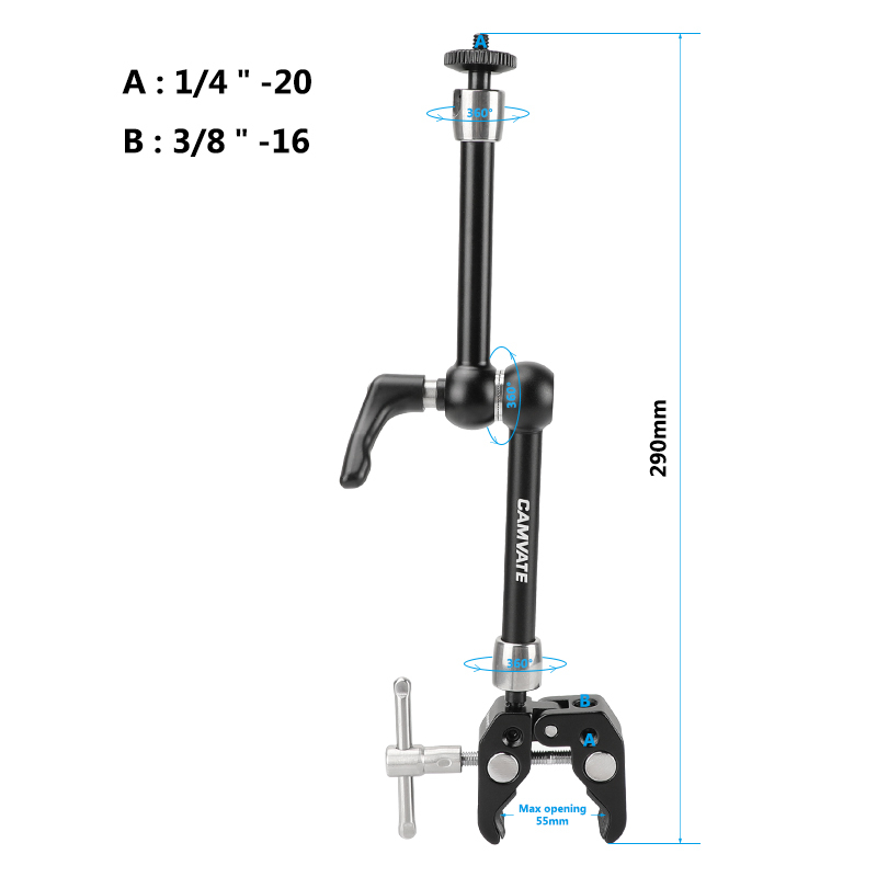 CAMVATE Universal Crab Clamp + Robust Magic Arm With 1/4" Connectors & Strengthening Central Lock Knob