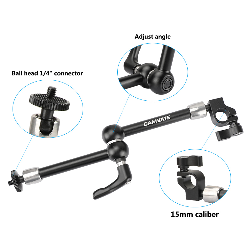 CAMVATE Upgraded 7.5" Articulating Magic Arm Ball Head 1/4" Connectors Strengthened Central Lock Knob With Single 15mm Rod Clamp