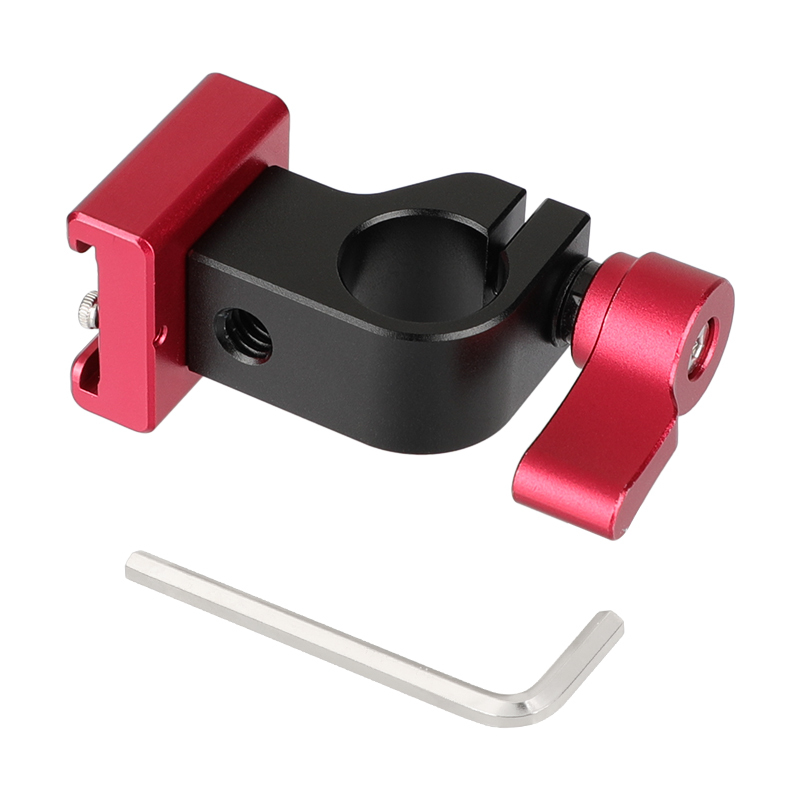 CAMVATE 15mm Side Single Rod Holder (Red Thumb Lever Screw) With Red Cold Shoe Mount Adapter For Rod-based Accessories