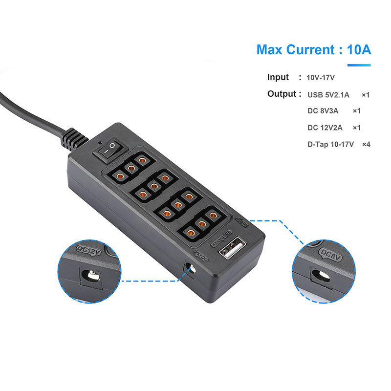 CAMVATE Multifunctional D-Tap Male To 4-Port D-Tap Female Coiled Splitter Cable With Switch Button / USB Port For V Mount Battery
