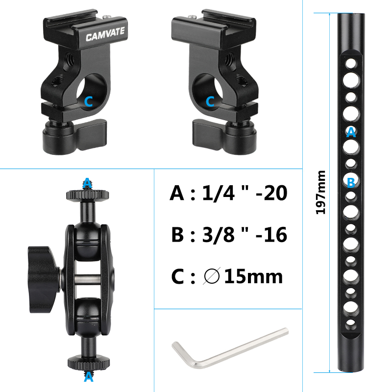 CAMVATE T-bar Bracket Arm With Central Adjustable Ball Head Holder 1/4" Screw Mount & Double-end Cold Shoe Mounts