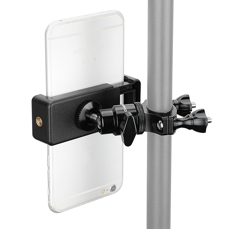 CAMVATE Rod Clamp Mount Holder (18mm -32mm) With Smartphone Clip & Adjustable Ball Head 1/4" Mounting Screw