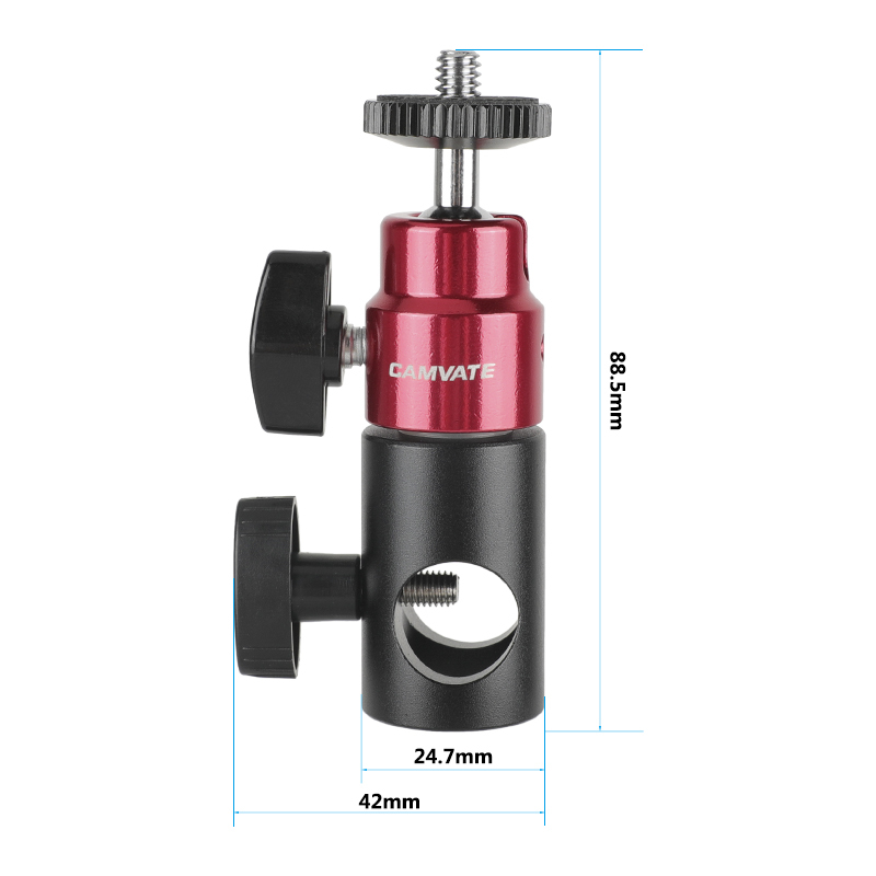 CAMVATE 16mm Light Stand Head Adapter + Ball Head Support (Red) With Double End 1/4"-20 Threads