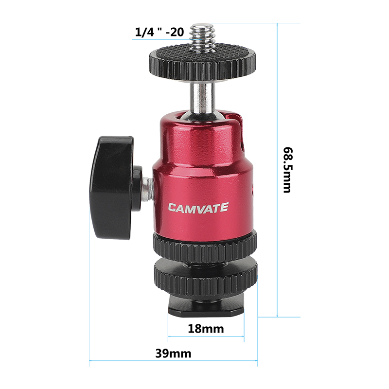 CAMVATE Ball Head Support (Red) With Double End 1/4"-20 Threads + Shoe Mount Adapter With 1/4" Lock Nuts