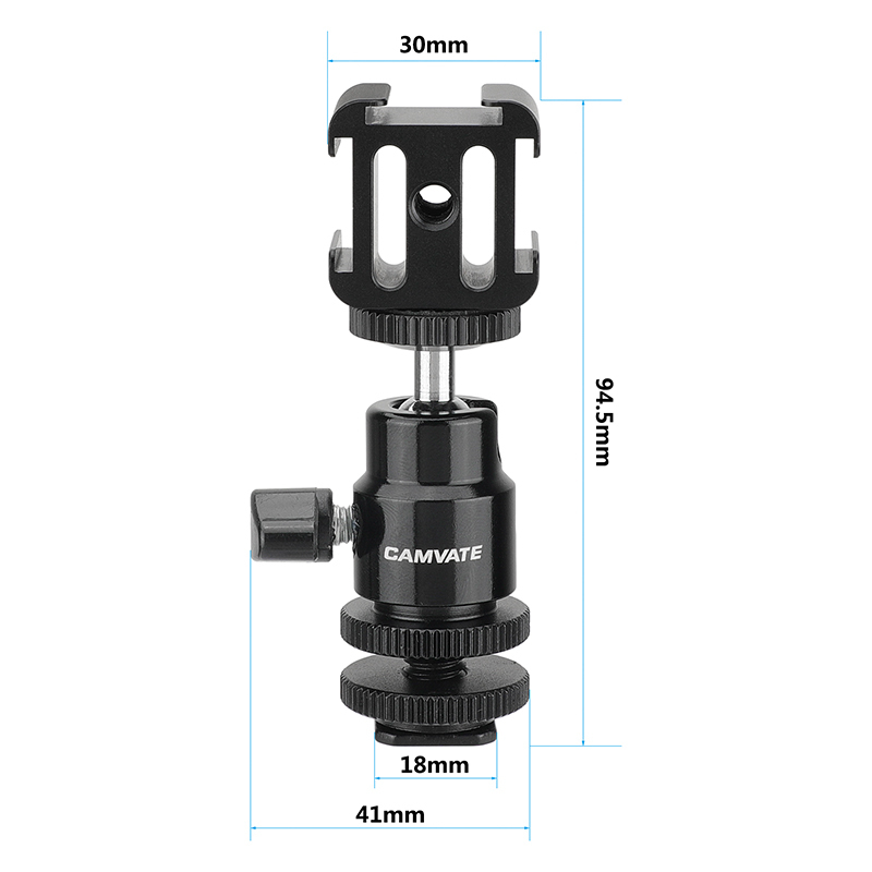 CAMVATE Adjustable 1/4"-20 Ball Head Support With Shoe Mount Adapter + 3-Way Cold Shoe Mount Bundle