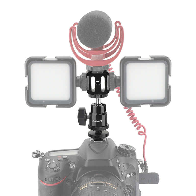 CAMVATE Adjustable 1/4"-20 Ball Head Support With Shoe Mount Adapter + 3-Way Cold Shoe Mount Bundle