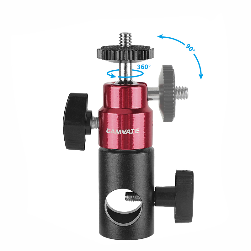 CAMVATE 16mm Light Stand Head Adapter + Ball Head Support (Red) With Double End 1/4"-20 Threads