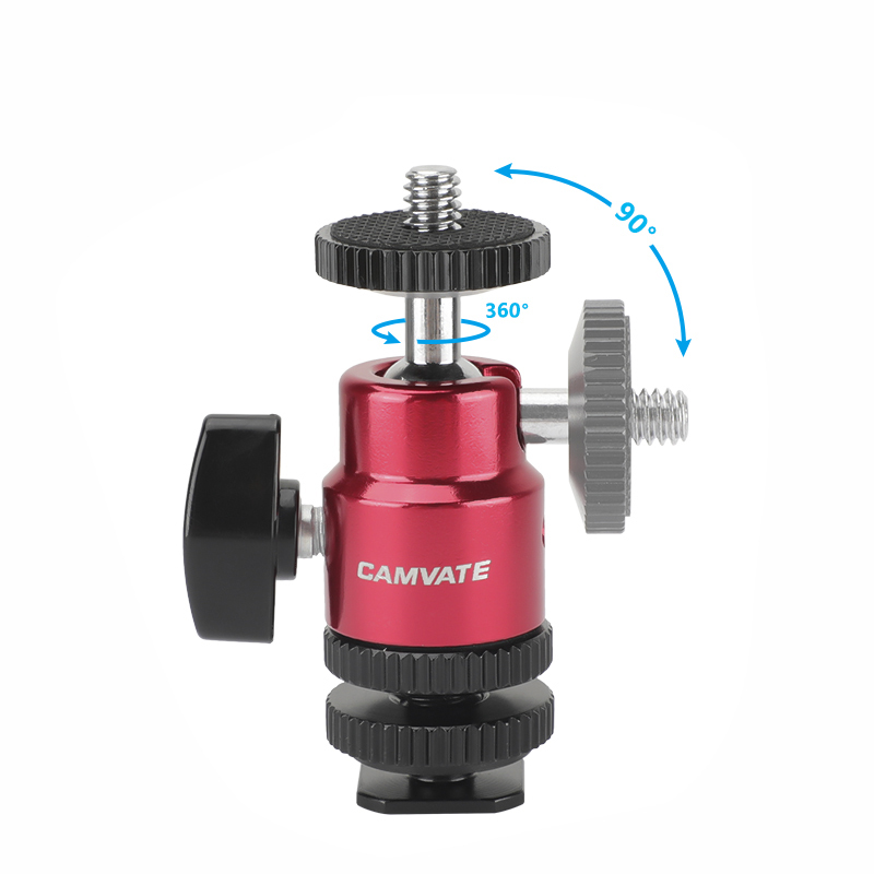 CAMVATE Ball Head Support (Red) With Double End 1/4"-20 Threads + Shoe Mount Adapter With 1/4" Lock Nuts