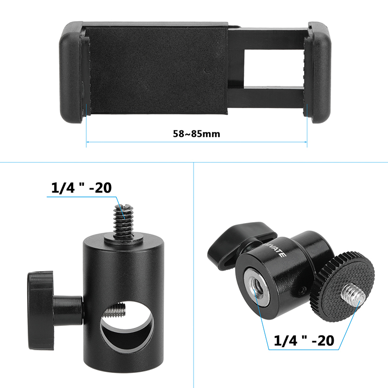 CAMVATE Adjustable Smartphone Clip + 16mm Light Stand Head Adapter + 1/4"-20 Ball Head Support Holder (Black)