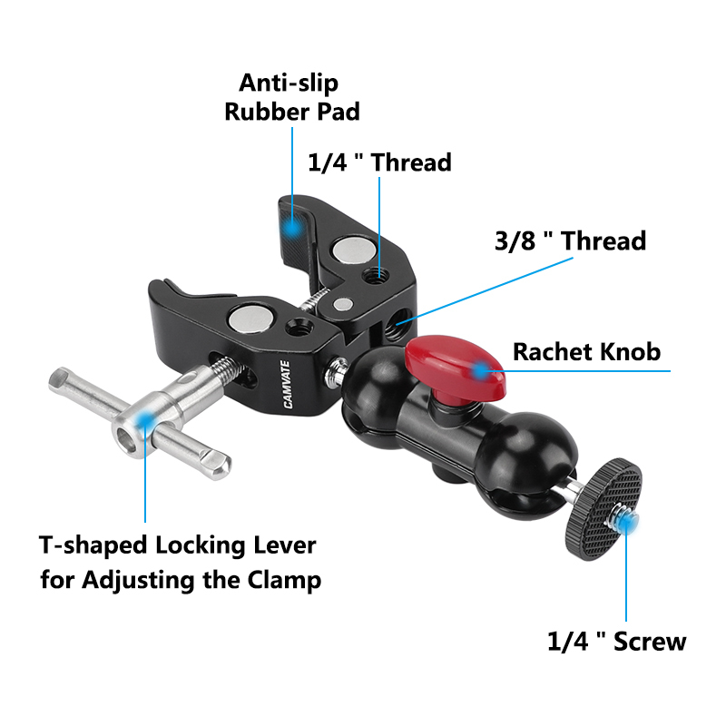 CAMVATE Super Crab Clamp with Rotating Mini Ball Head (Red Knob, 2-Pack)