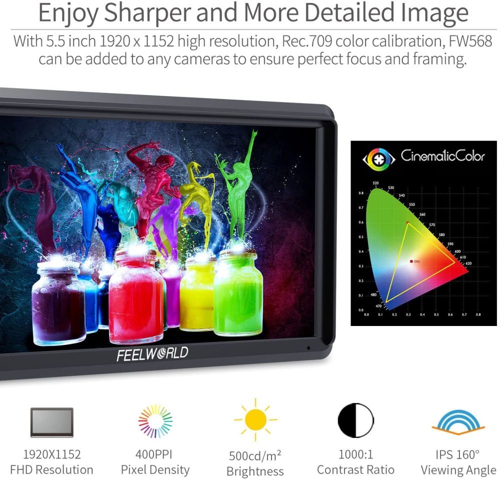 CAMVATE FEELWORLD FW568 V2 5.5 inch DSLR Camera Field Monitor with Waveform LUTs Video Peaking Focus Assist Small Full HD 1920x1152 IPS with 4K HDMI 8