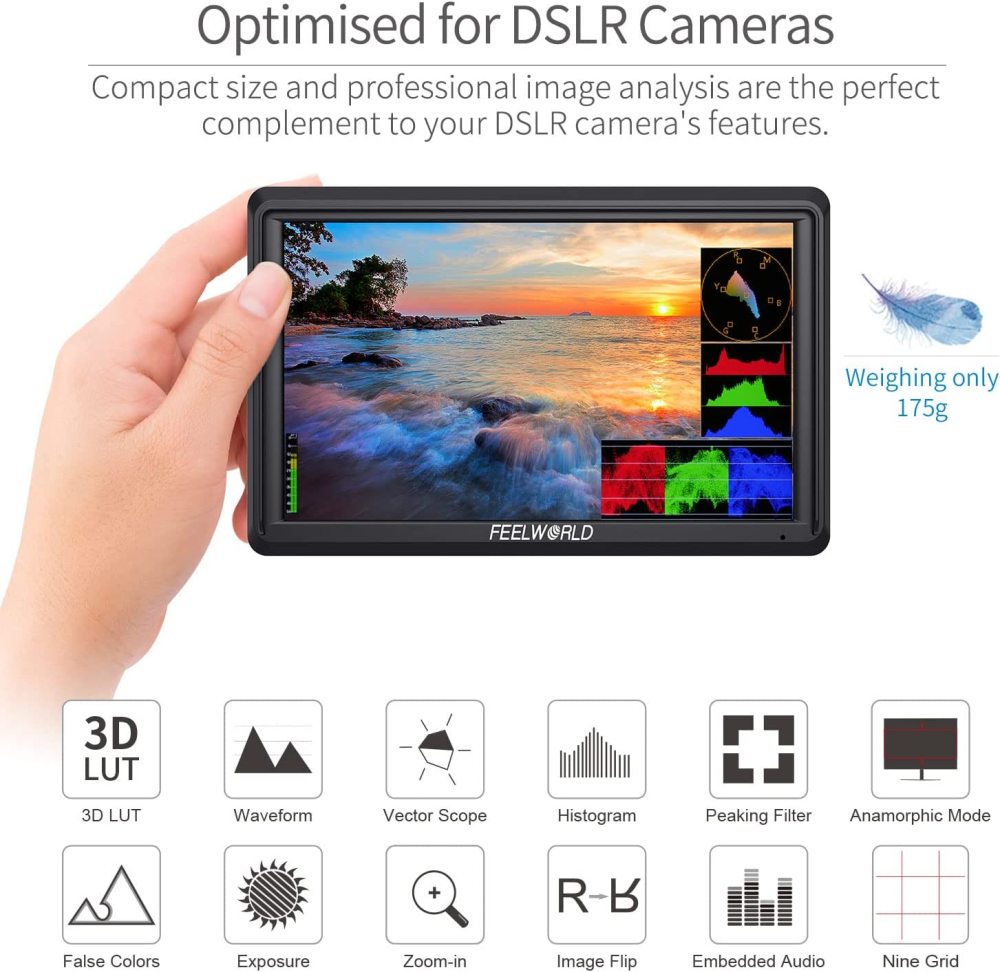 CAMVATE FEELWORLD FW568 V2 5.5 inch DSLR Camera Field Monitor with Waveform LUTs Video Peaking Focus Assist Small Full HD 1920x1152 IPS with 4K HDMI 8