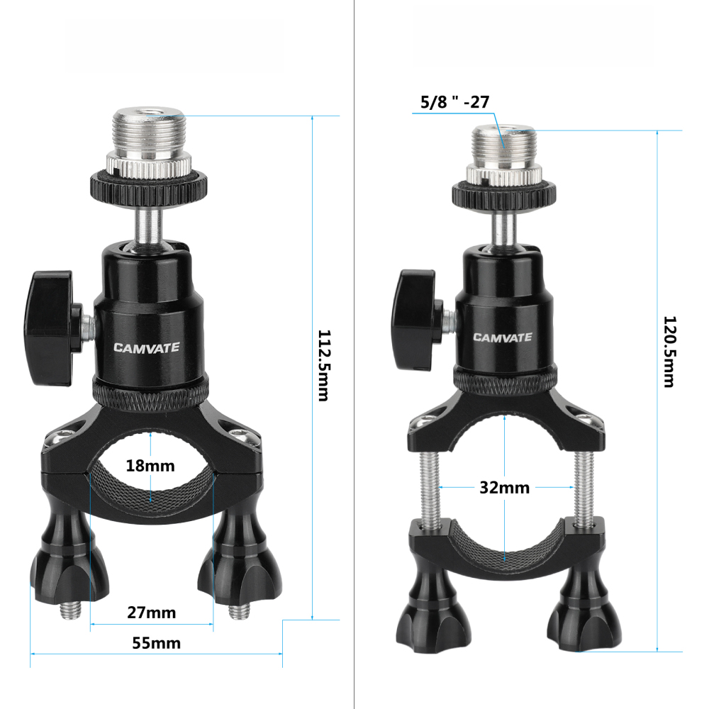 CAMVATE Rod Clamp Mount Holder (18mm -32mm) With Adjustable Ball Head & 5/8"-27 Male Thread Screw For Microphone Stand