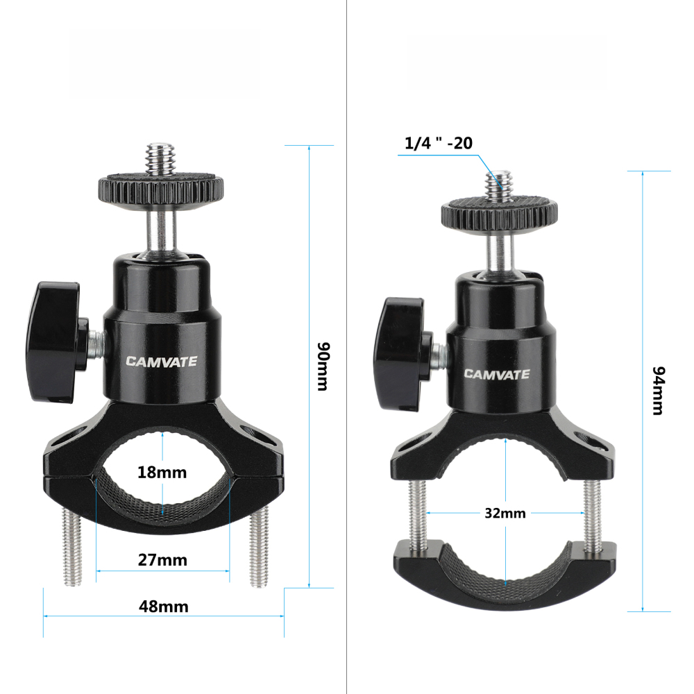 CAMVATE Rod Clamp Clip Mount Holder (18mm -32mm) With Adjustable Ball Head 1/4" Mounting Screw For Flashlight / GoPro Camera