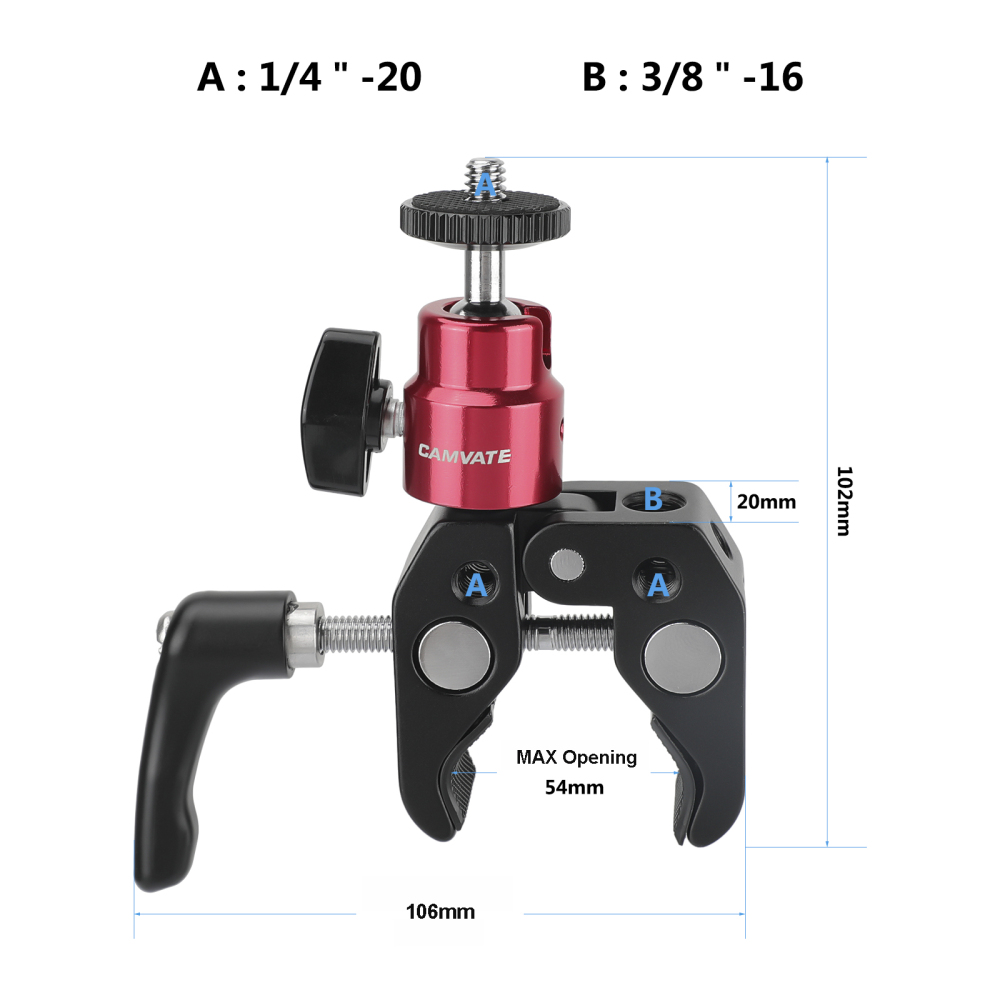 CAMVATE Universal Super Crab Gripper Clamp With Strengthened Screw Knob + Adjustable 1/4"-20 Ball Head Support (Red) Holder