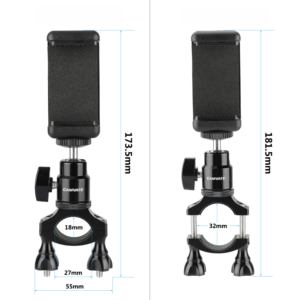 CAMVATE Rod Clamp Mount Holder (18mm -32mm) With Smartphone Clip & Adjustable Ball Head 1/4" Mounting Screw