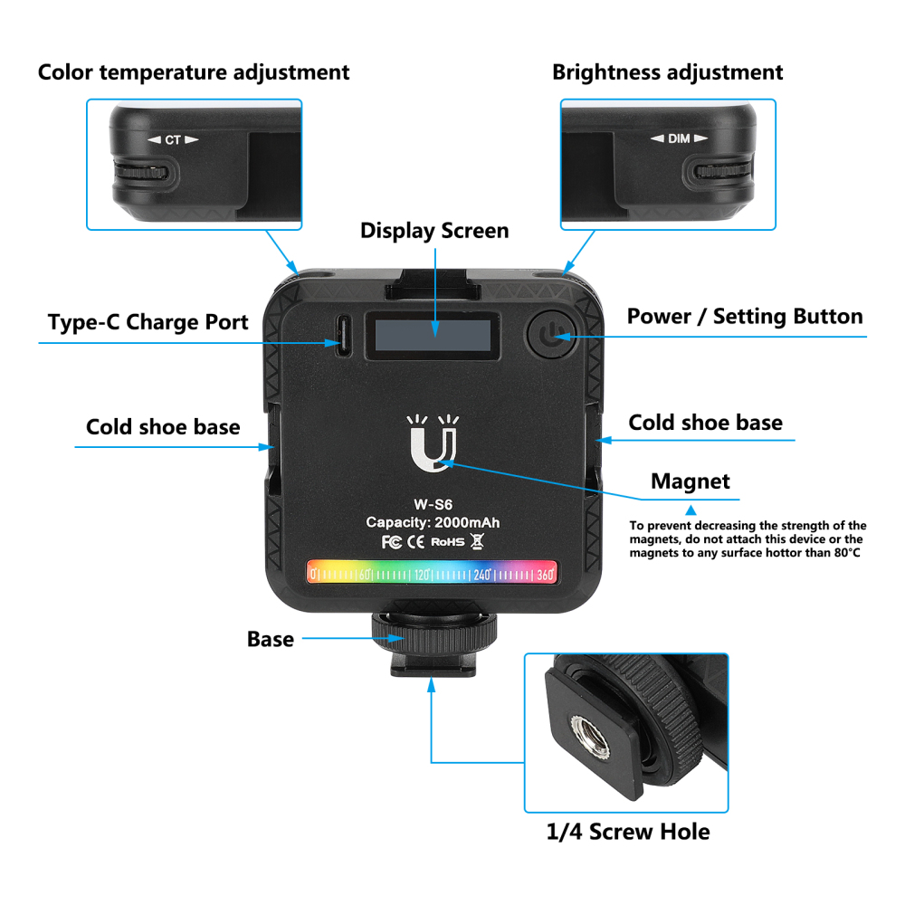 CAMVATE Magnetic RGB LED Video Fill Light with Shoe Mount Adapter