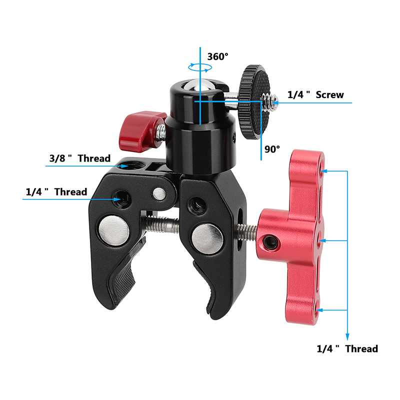 CAMVATE Super Clamp with 1/4" Screw Ball Head Mount (Red T-handle)