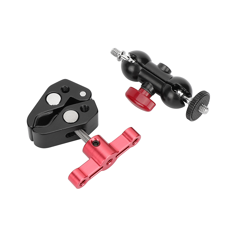 CAMVATE Crab Clamp Bracket with 1/4" Screw Double Ball Head Mount (Red T-handle)