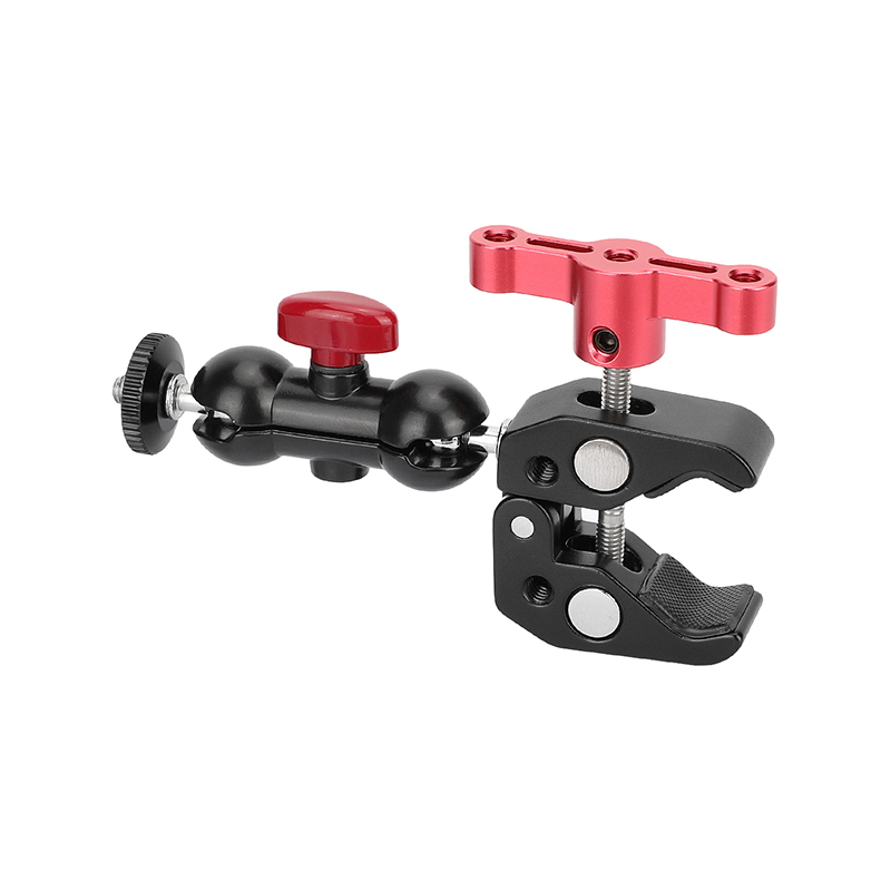 CAMVATE Crab Clamp Bracket with 1/4" Screw Double Ball Head Mount (Red T-handle)