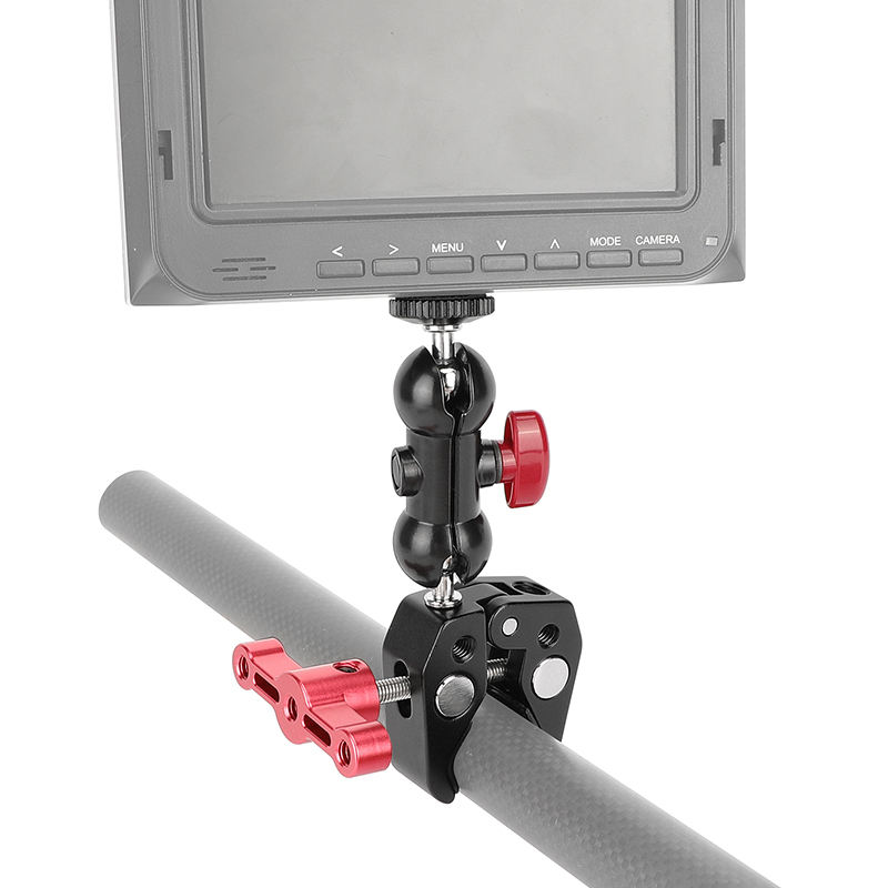 CAMVATE Crab Clamp Bracket with 1/4" Screw Double Ball Head Mount (Red T-handle)