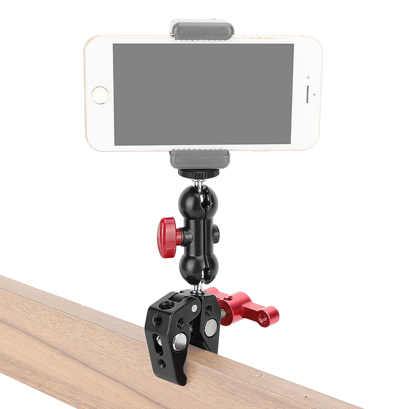 CAMVATE Crab Clamp Bracket with 1/4" Screw Double Ball Head Mount (Red T-handle)