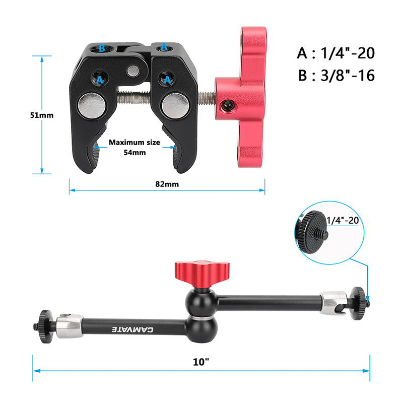 CAMVATE Universal 10" Articulating Magic Arm + Versatile Super Crab Clamp (Red Lock Knobs)