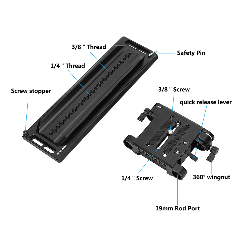 CAMVATE 12" Dovetail Plate and QR Baseplate with Double Rod Adapter for 19mm Studio