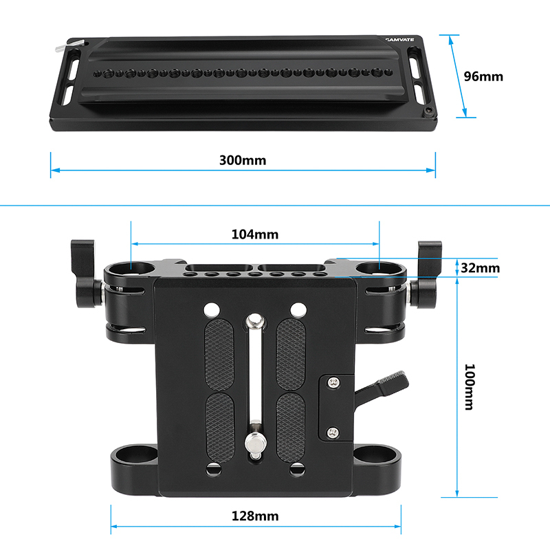 CAMVATE 12" Dovetail Plate and QR Baseplate with Double Rod Adapter for 19mm Studio