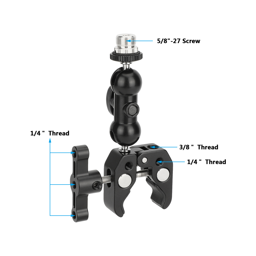 CAMVATE Crab Clamp with 5/8"-27 Screw Double Ball Head Mount (Black T-handle)
