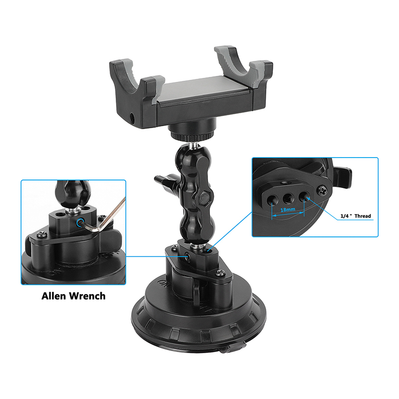 CAMVATE Suction Cup Mount with Mini Ball Head Extension Arm and Smartphone Clip