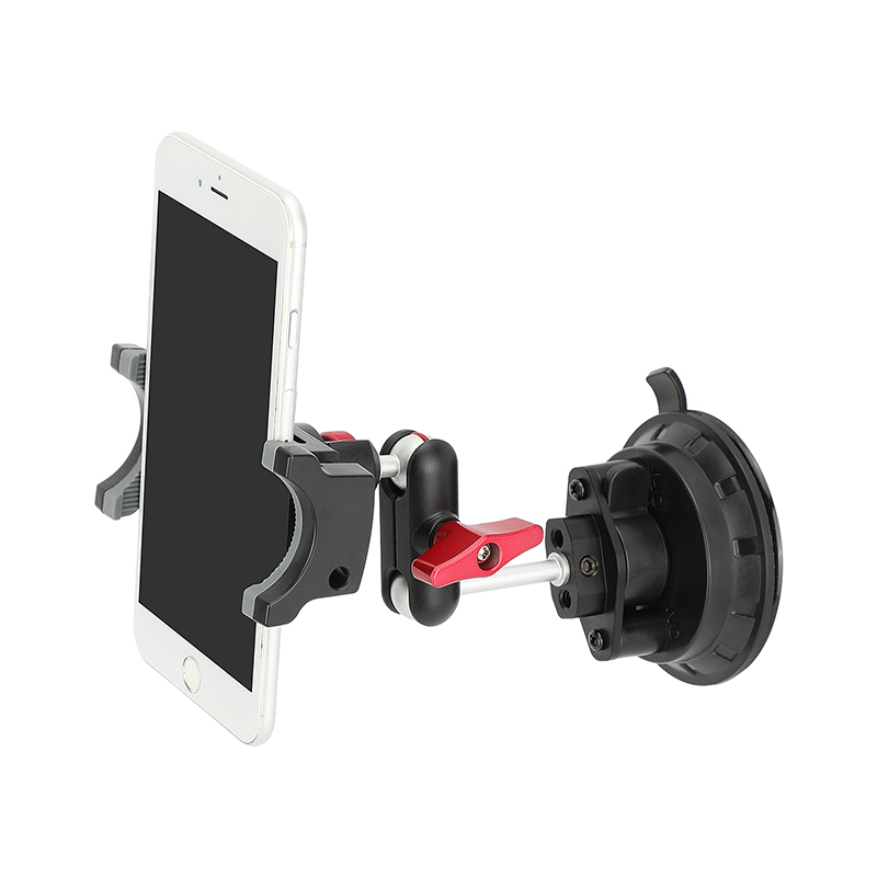 CAMVATE Suction Cup Mount with Mini Magic Arm and Smartphone Clamp (Red Locking Knob)