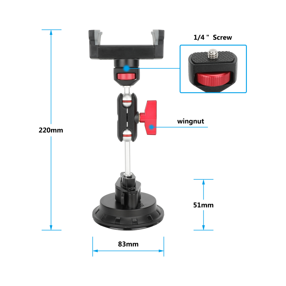 CAMVATE Suction Cup Mount with Mini Magic Arm and Smartphone Clamp (Red Locking Knob)