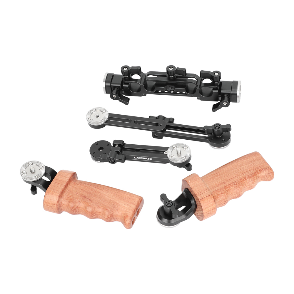 CAMVATE ARRI-Style Rosette Handle Kit with Extension Arm & Railblock (Dual Wooden Handgrip)