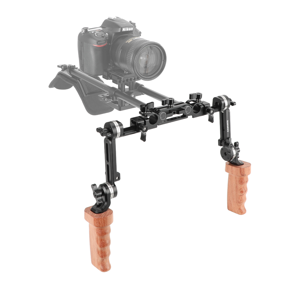 CAMVATE ARRI-Style Rosette Handle Kit with Extension Arm & Railblock (Dual Wooden Handgrip)
