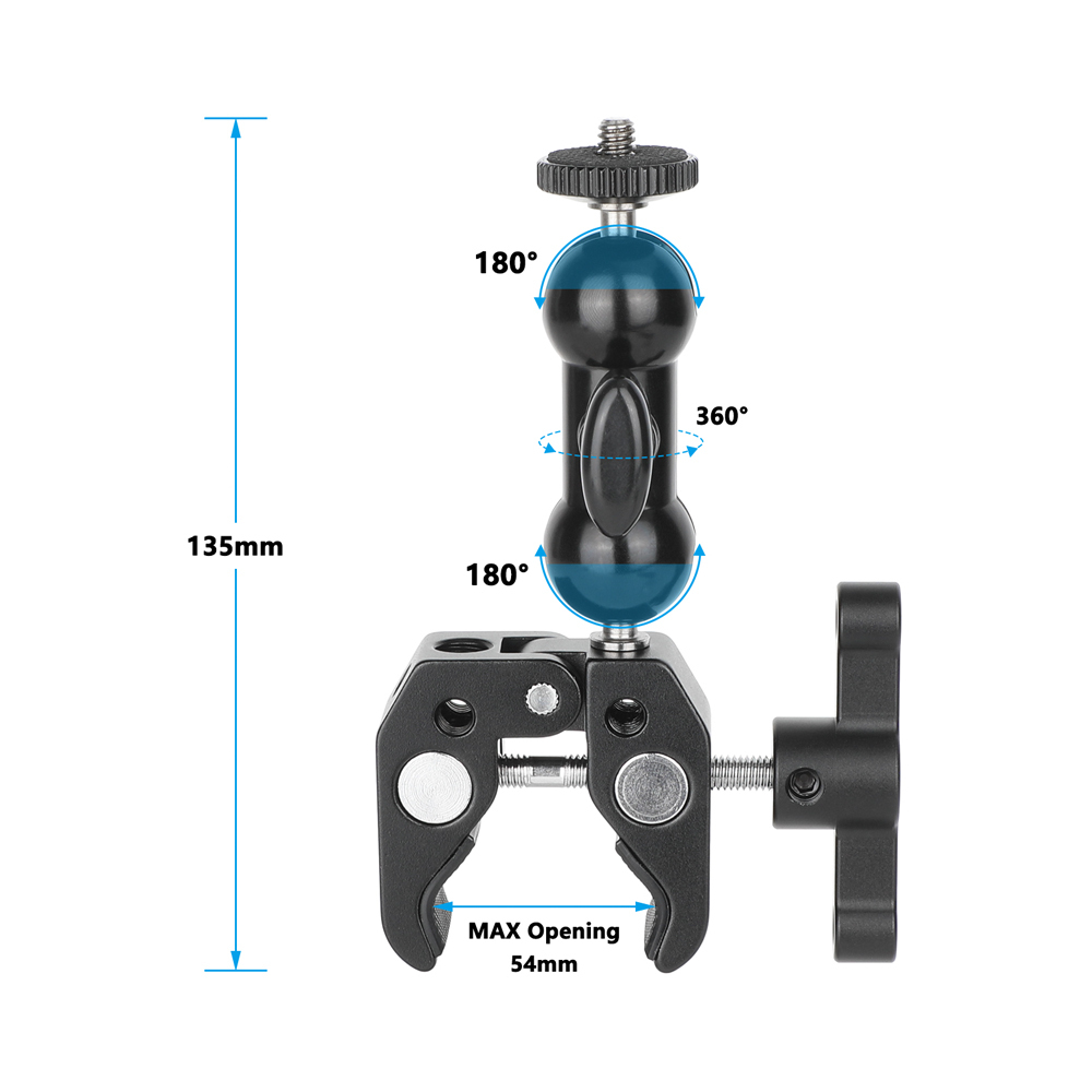 CAMVATE Crab Clamp Bracket with 1/4" Screw Double Ball Head Mount (Black T-handle)
