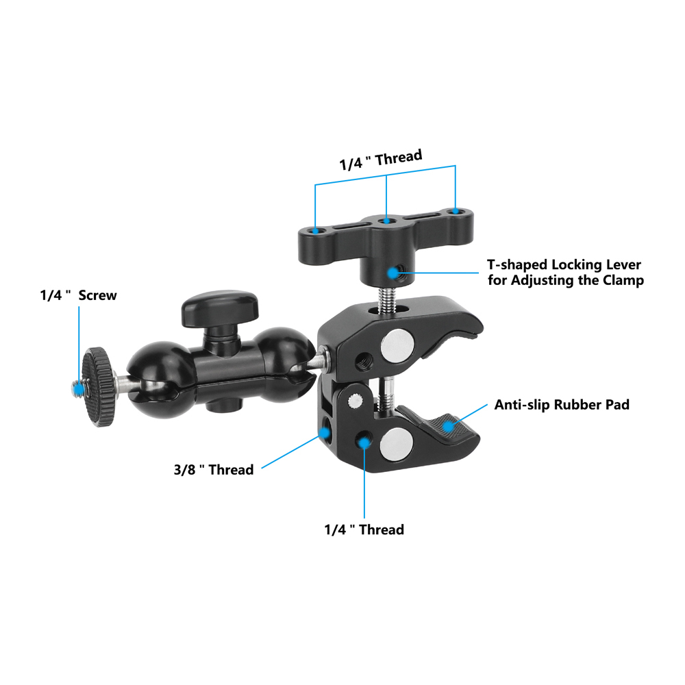 CAMVATE Crab Clamp Bracket with 1/4" Screw Double Ball Head Mount (Black T-handle)