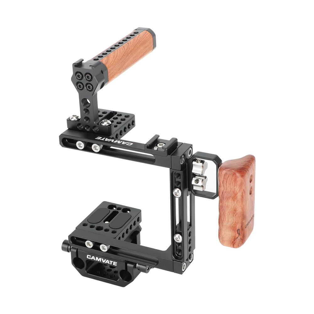 CAMVATE Adjustable Half Cage Kit With Manfrotto Quick Release Plate 15mm Railblock Base + Wooden Handgrip