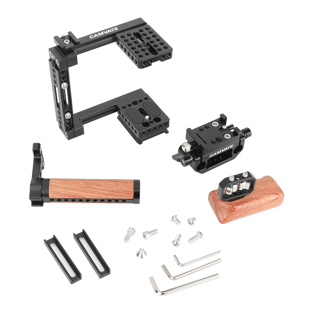CAMVATE Adjustable Half Cage Kit With Manfrotto Quick Release Plate 15mm Railblock Base + Wooden Handgrip