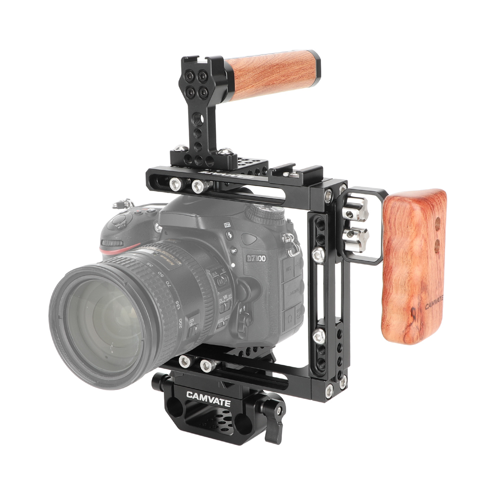 CAMVATE Adjustable Half Cage Kit With Manfrotto Quick Release Plate 15mm Railblock Base + Wooden Handgrip