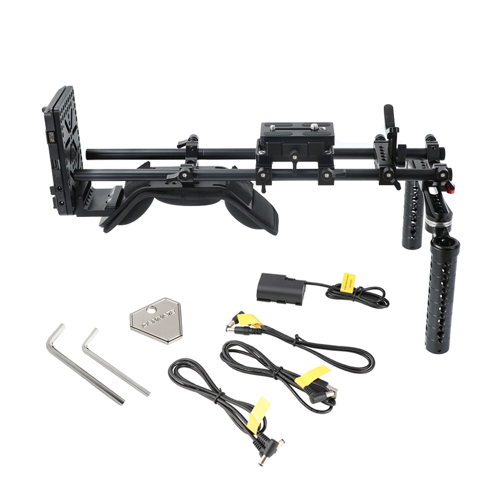 CAMVATE Pro Shoulder Mount Rig With Manfrotto Baseplate & Rosette Cheese Handgrip & V Lock Mount Power Distributor Adapter & Lens Support