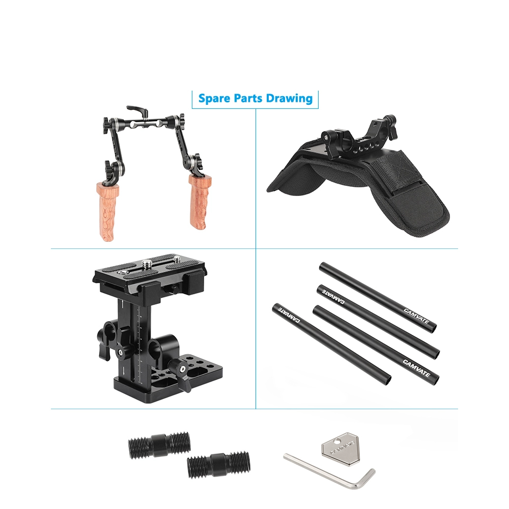 CAMVATE Pro Shoulder Mount Rig With Height-adjustable Manfrotto Quick Release Plate & Adjustable ARRI Rosette Magic Arm & Wooden Handgrips