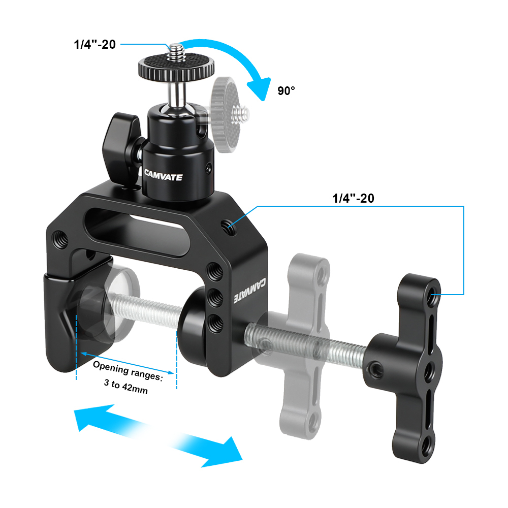 CAMVATE Heavy-duty C Clamp Grip + 1/4"-20 Ball Head Support Holder (Black Locking Knob)