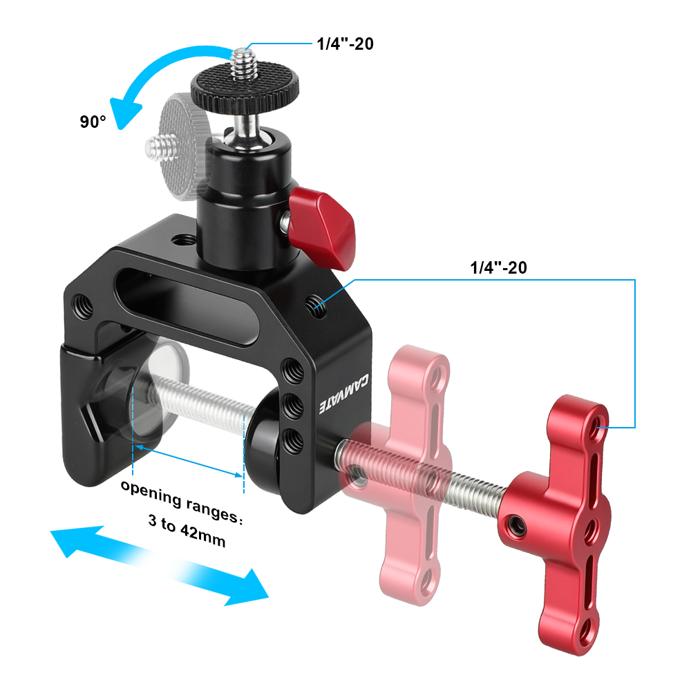 CAMVATE Heavy-duty C Clamp Grip + 1/4"-20 Ball Head Support Holder (Red Locking Knob)
