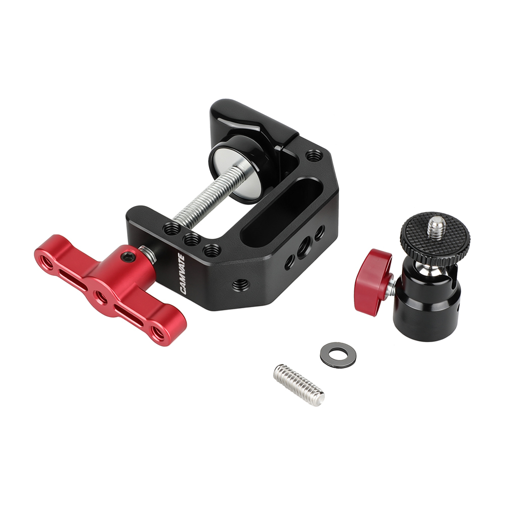 CAMVATE Heavy-duty C Clamp Grip + 1/4"-20 Ball Head Support Holder (Red Locking Knob)