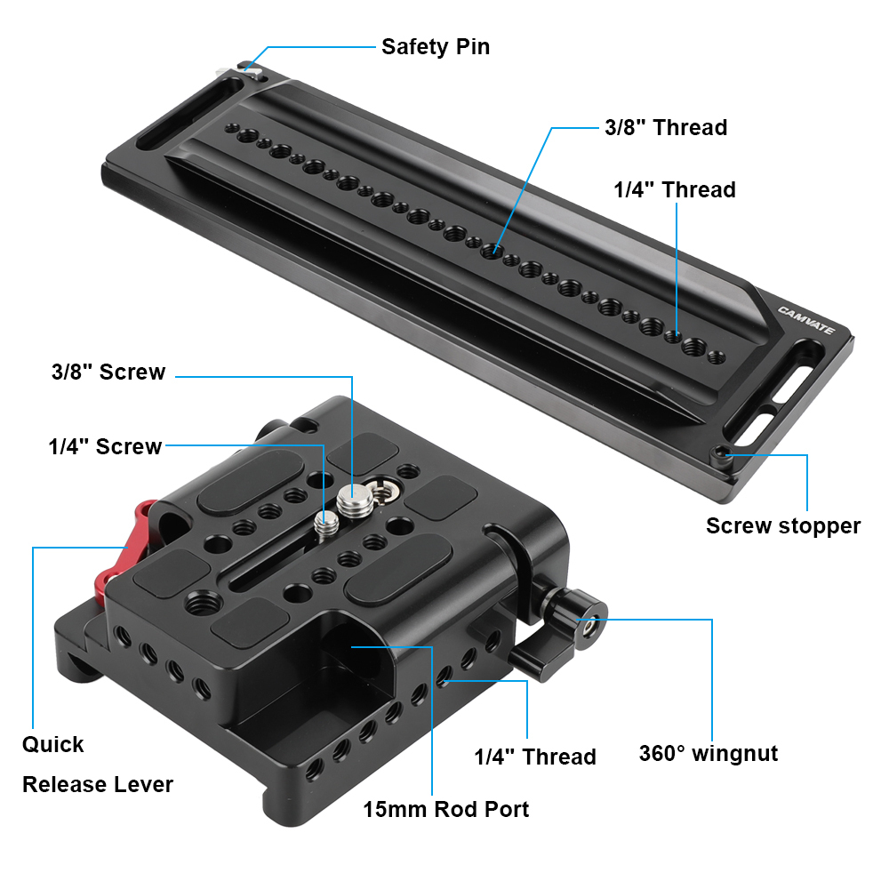 CAMVATE ARRI 12" Dovetail Bridge Plate And QR Base Plate With Double Rod Adapter