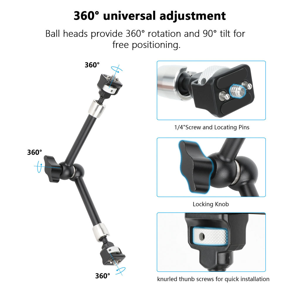 CAMVATE Multipurpose Articulating Arm with Anti-Twist 1/4''-20 Screw Mount (11", Black Knob)