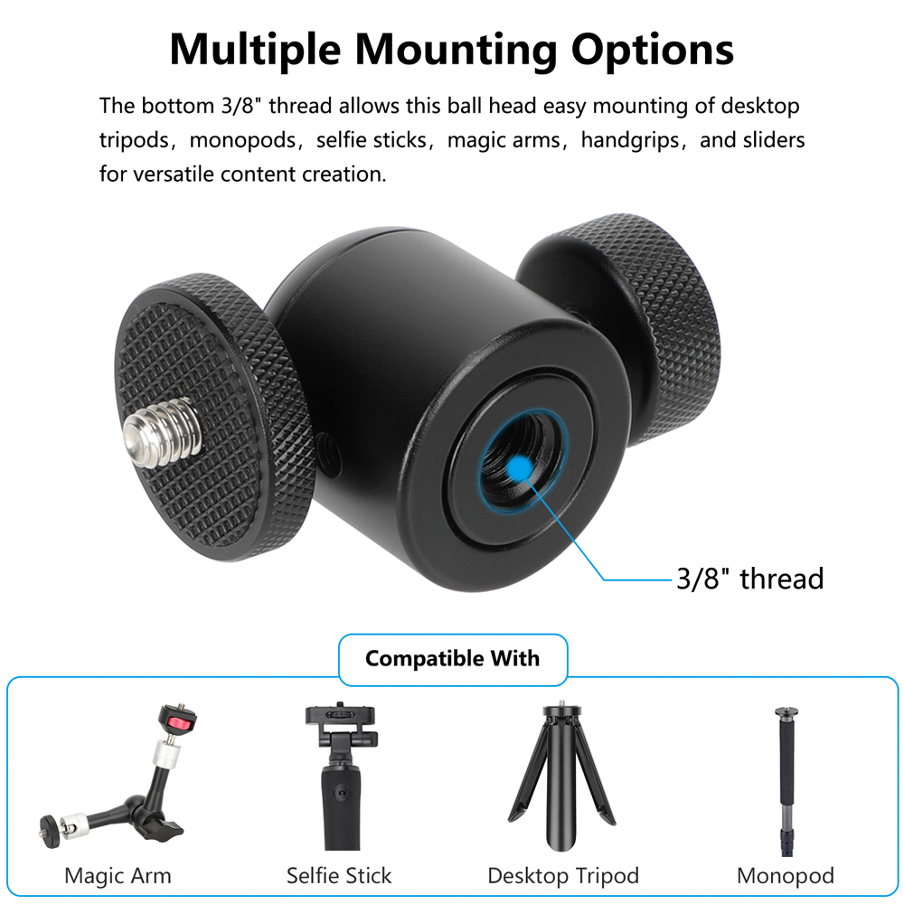 CAMVATE Mini Ball Head with 3/8"-16 Thread and 1/4"-20 Screw Mount (Black, 2-Pack)