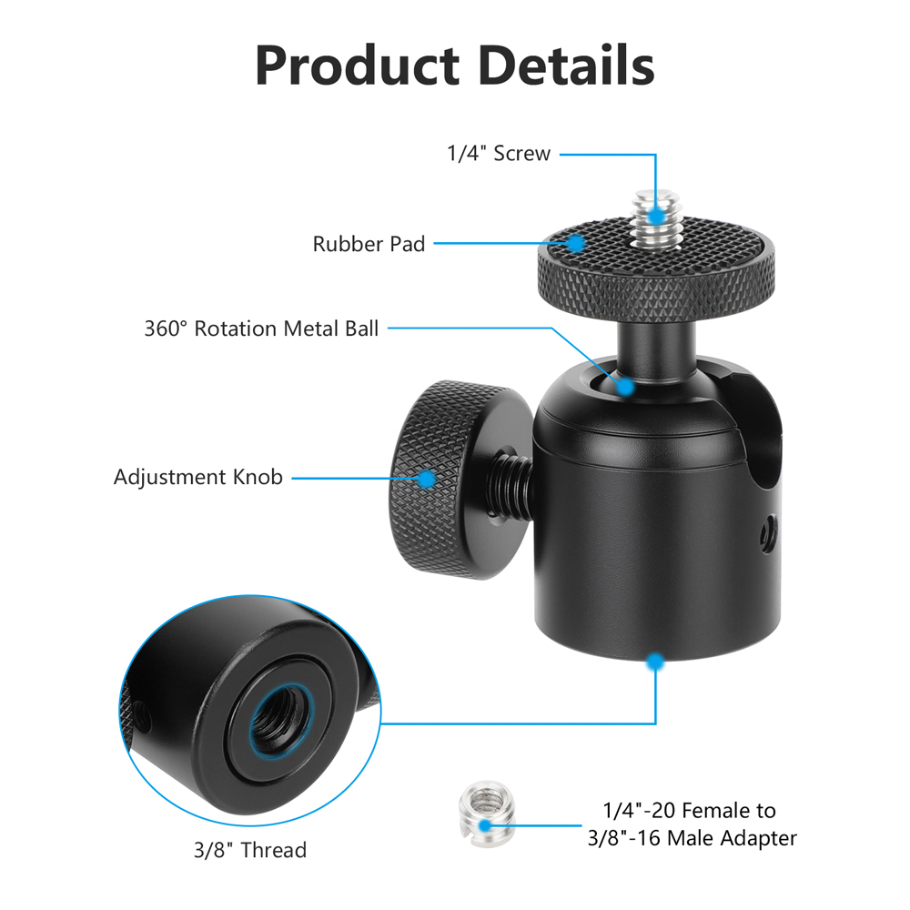 CAMVATE Mini Ball Head with 3/8"-16 Thread and 1/4"-20 Screw Mount (Black, 2-Pack)